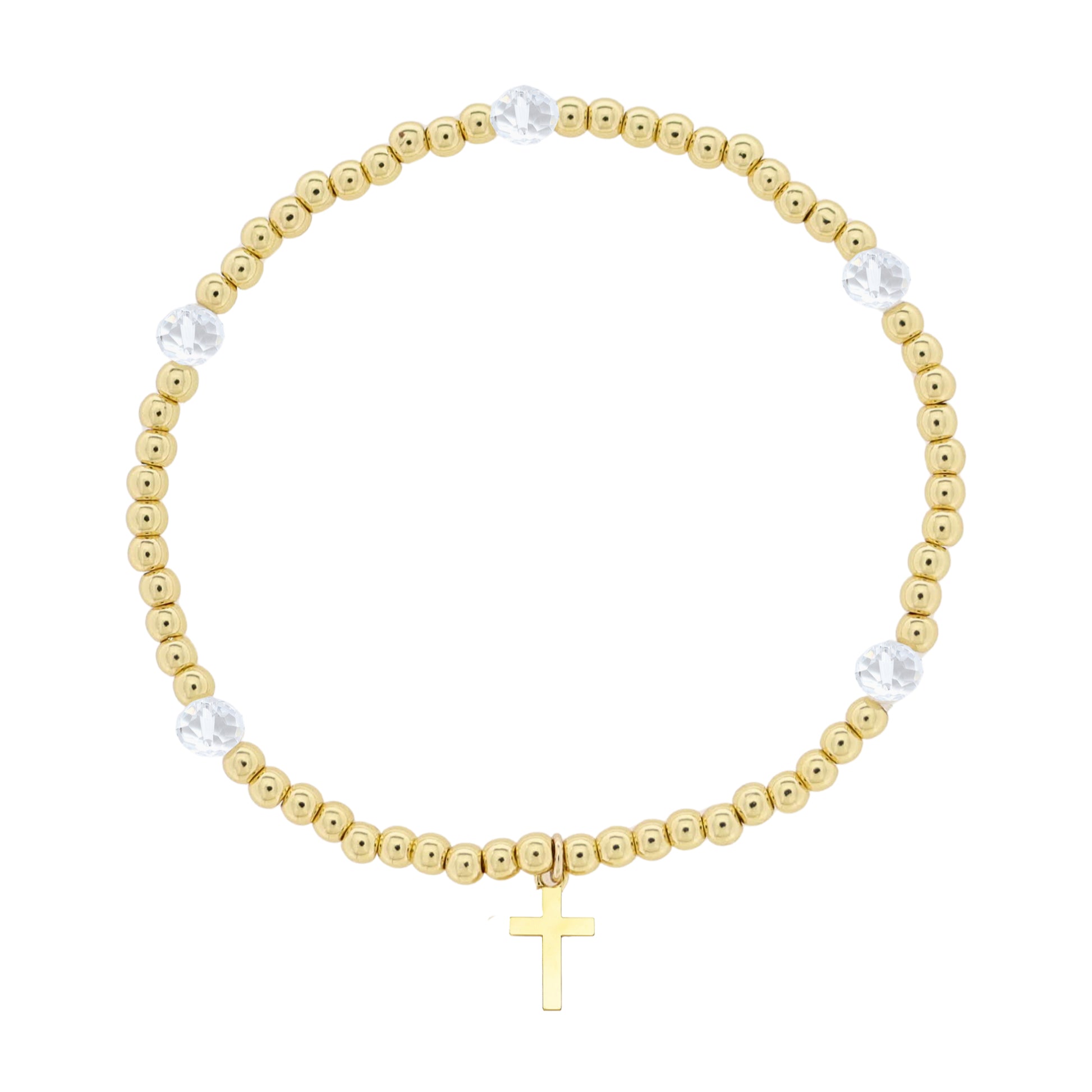 Kids 18K Gold Plated Gold & Clear Beaded Stretch Bracelet with Gold Cross