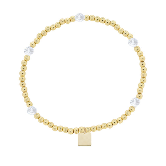 Kids 18K Gold Plated Gold & Clear Beaded Stretch Bracelet with Gold Square