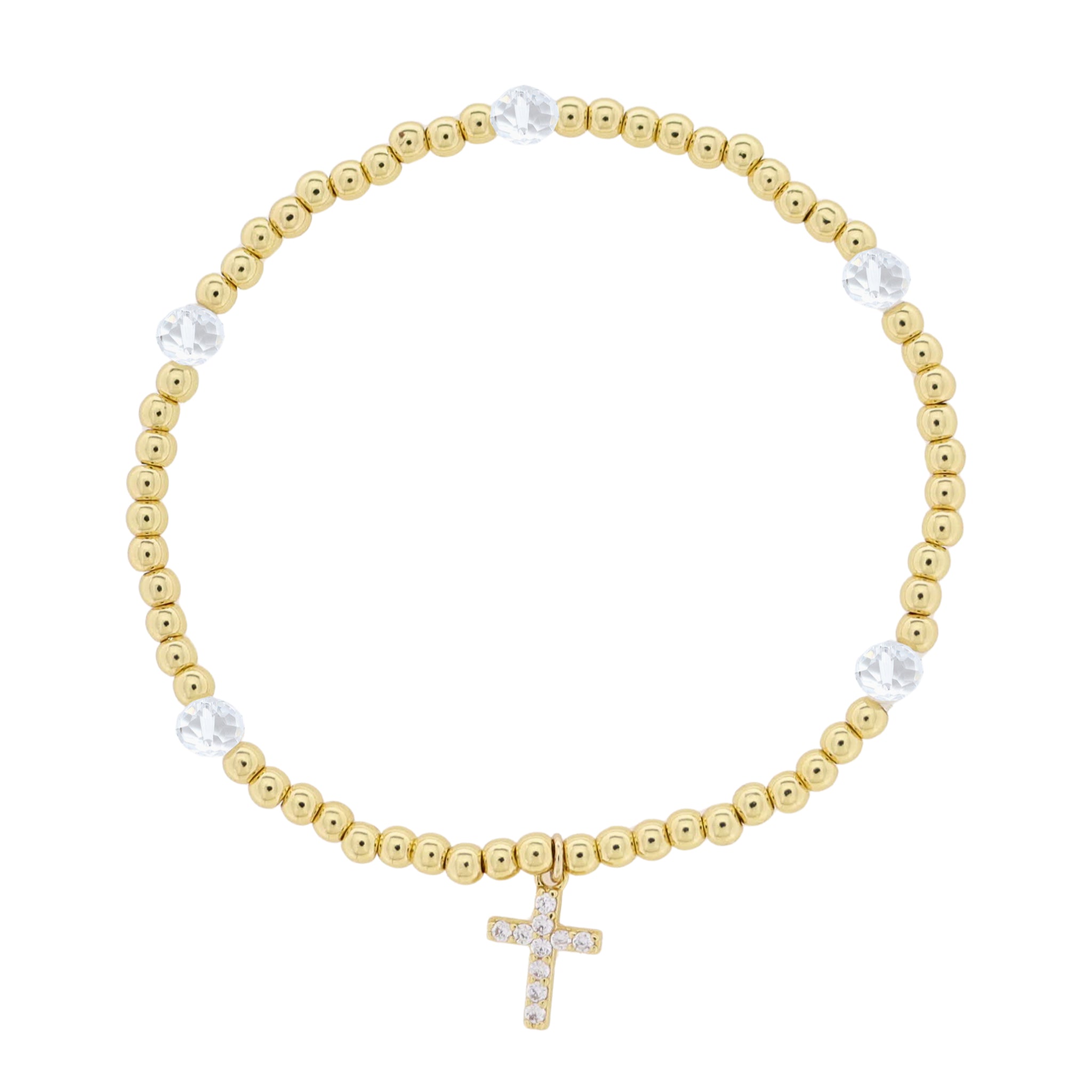 Kids 18K Gold Plated Gold & Clear Beaded Stretch Bracelet with Clear Crystal Cross