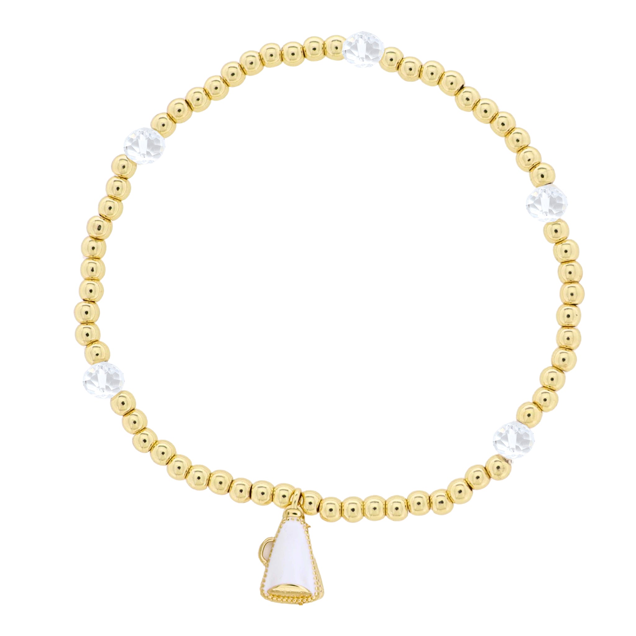 Kids 18K Gold Plated Gold & Clear Beaded Stretch Bracelet with White Megaphone