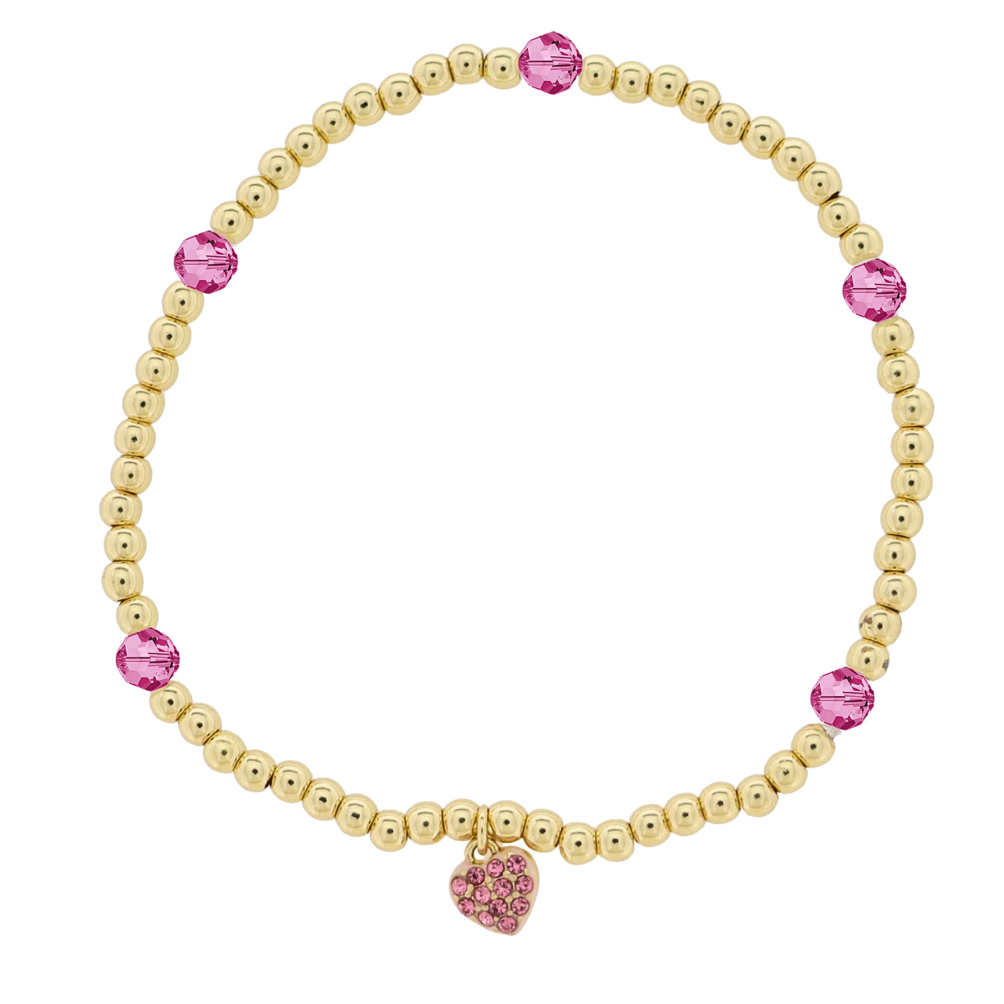 Kids 18K Gold Plated Gold & Hot Pink Beaded Stretch Bracelet with Pink Crystal Heart