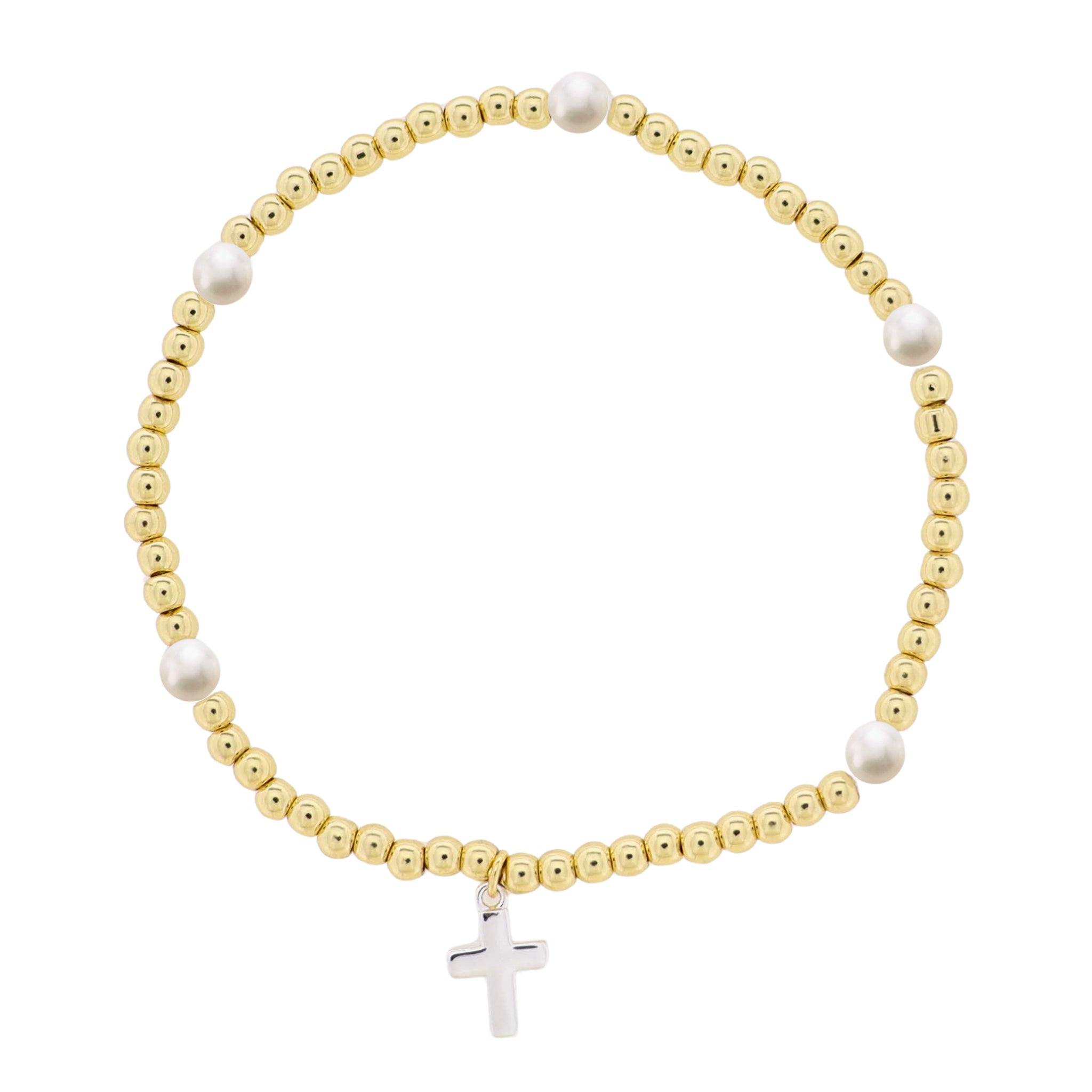 Kids 18K Gold Plated Gold & Pearl Beaded Stretch Bracelet with Silver Cross