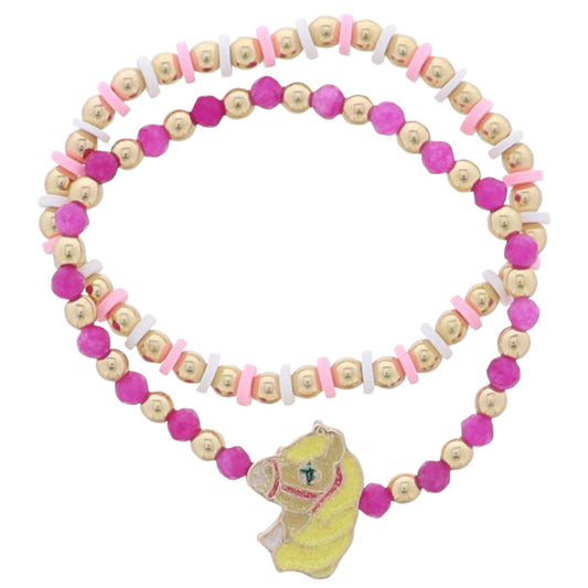 Kids Set of 2 Hot Pink, Gold, White, Pink Rubber, Faceted Beaded Stretch Bracelet with Horse Charm