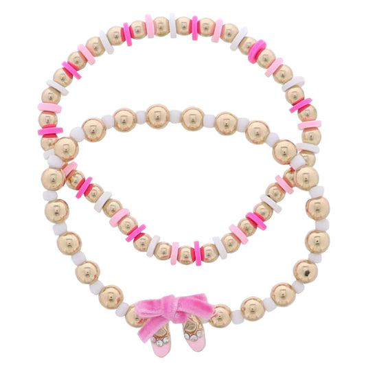 Kids Set of 2 Pinks, White, Gold Rubber, Beaded Stretch Bracelet with Ballet Slipper with Bow Charm