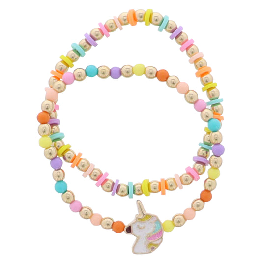 Kids Set of 2 Orange, Yellow, Purple, TQ, Pink Rubber, Beaded Stretch Bracelet with Unicorn Charm