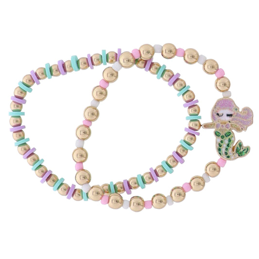 Kids Set of 2 Lavender, TQ, Pink, White, Gold Beaded Stretch Bracelet & Glitter Mermaid Charm