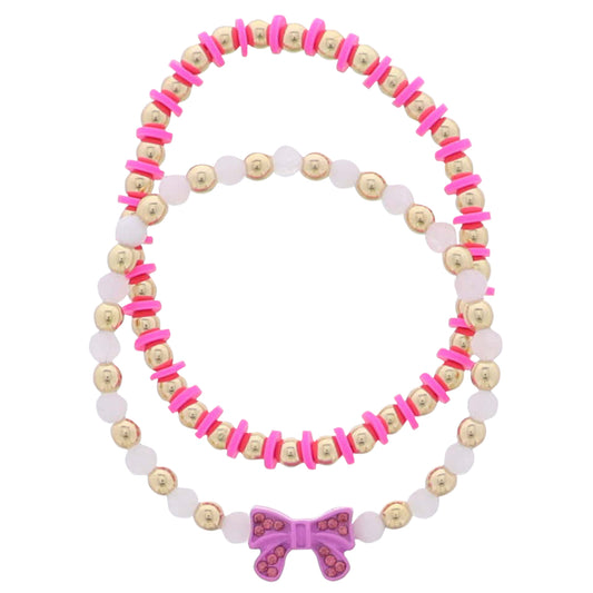 Kids Set of 2 Hot Pink, Gold, White Rubber, Seed Bead Beaded Stretch Bracelet with Glitter Bow