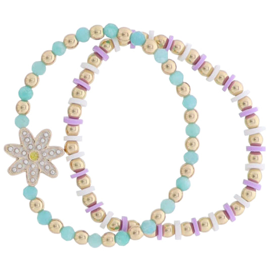 Kids Set of 2 Mint, Lavender, White, Gold Rubber, Beaded Stretch Bracelet with White Daisy Charm