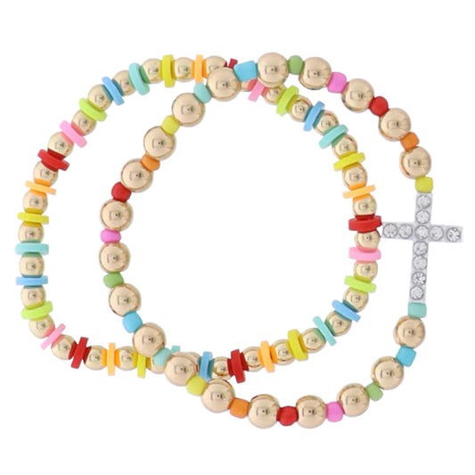 Kids Set of 2 Multi, Gold Rubber Disk, Seed Bead Beaded Stretch Bracelet with White Crystal Cross