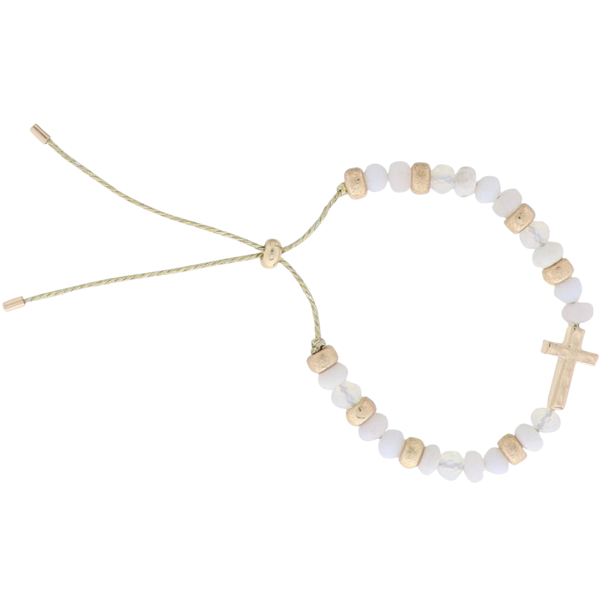 Kids White Semi Precious, Faceted Beaded Bracelet with Gold Cross