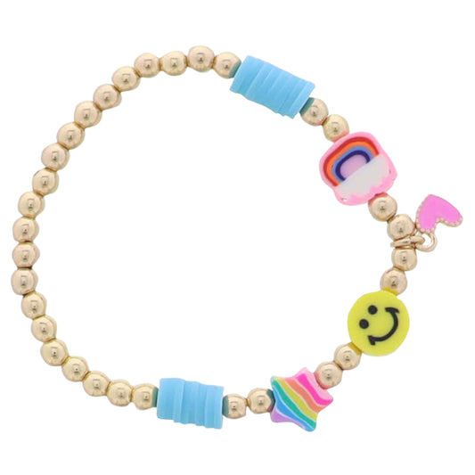 Kids Multi Rubber Disk, Gold Beaded Bracelet with Happy Face, Heart, Star, Rainbow