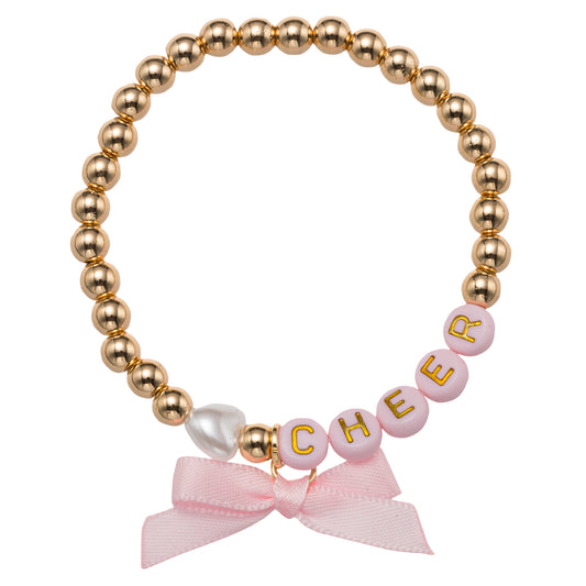 Kids Gold Beaded Bracelet with Pink "Cheer" & Bow