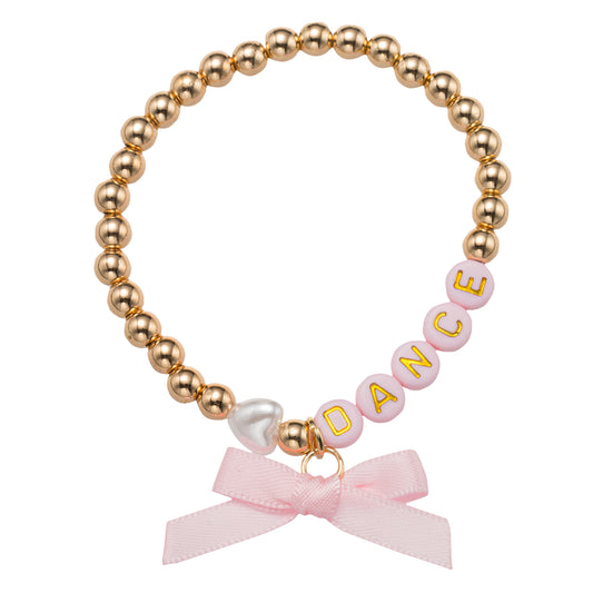 Kids Gold Beaded Bracelet with Pink "Dance" & Bow