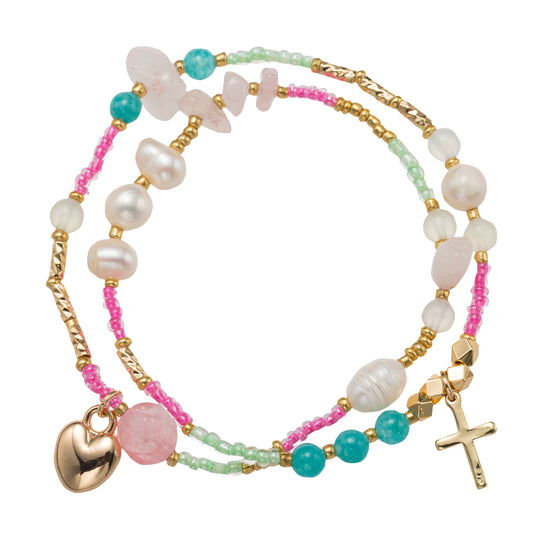 Kids Mint, Pink, Pearl, Gold Beaded Bracelet with Gold Heart, Cross