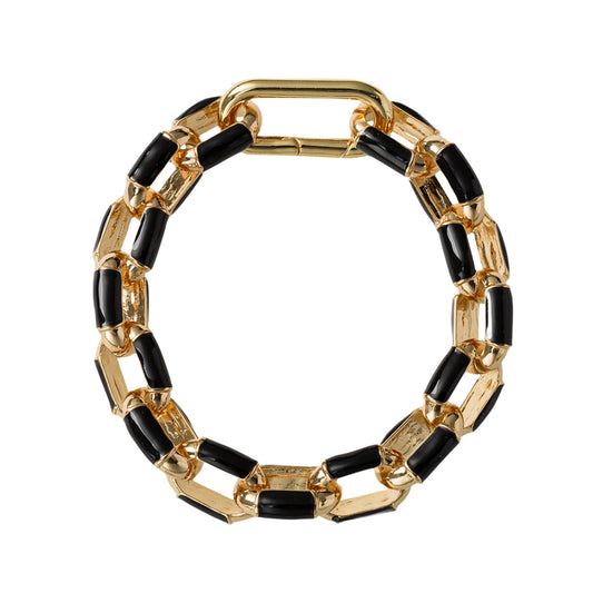 Gold, Black Oval Enamel Chain Spring Link Bracelet