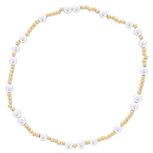 18K Gold Plated Gold, Silver Beaded 2 Silver Pattern Stretch Bracelet