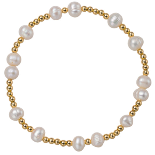 18K Gold Plated Gold, Pearl Beaded Stretch Bracelet