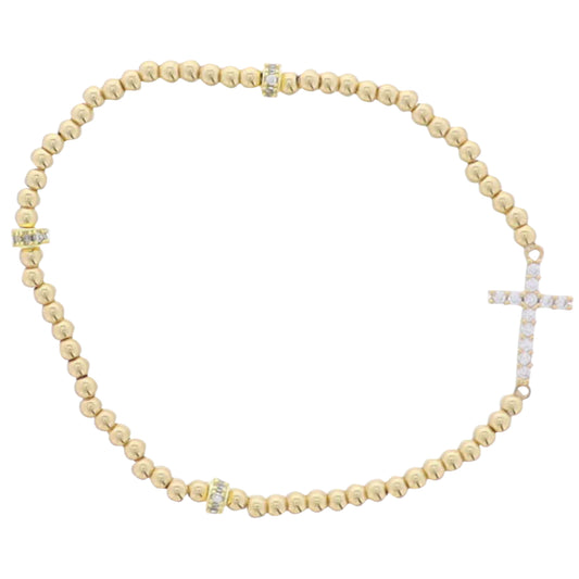 18K Gold Plated Gold Beaded Stretch Bracelet with Clear Crystal Cross