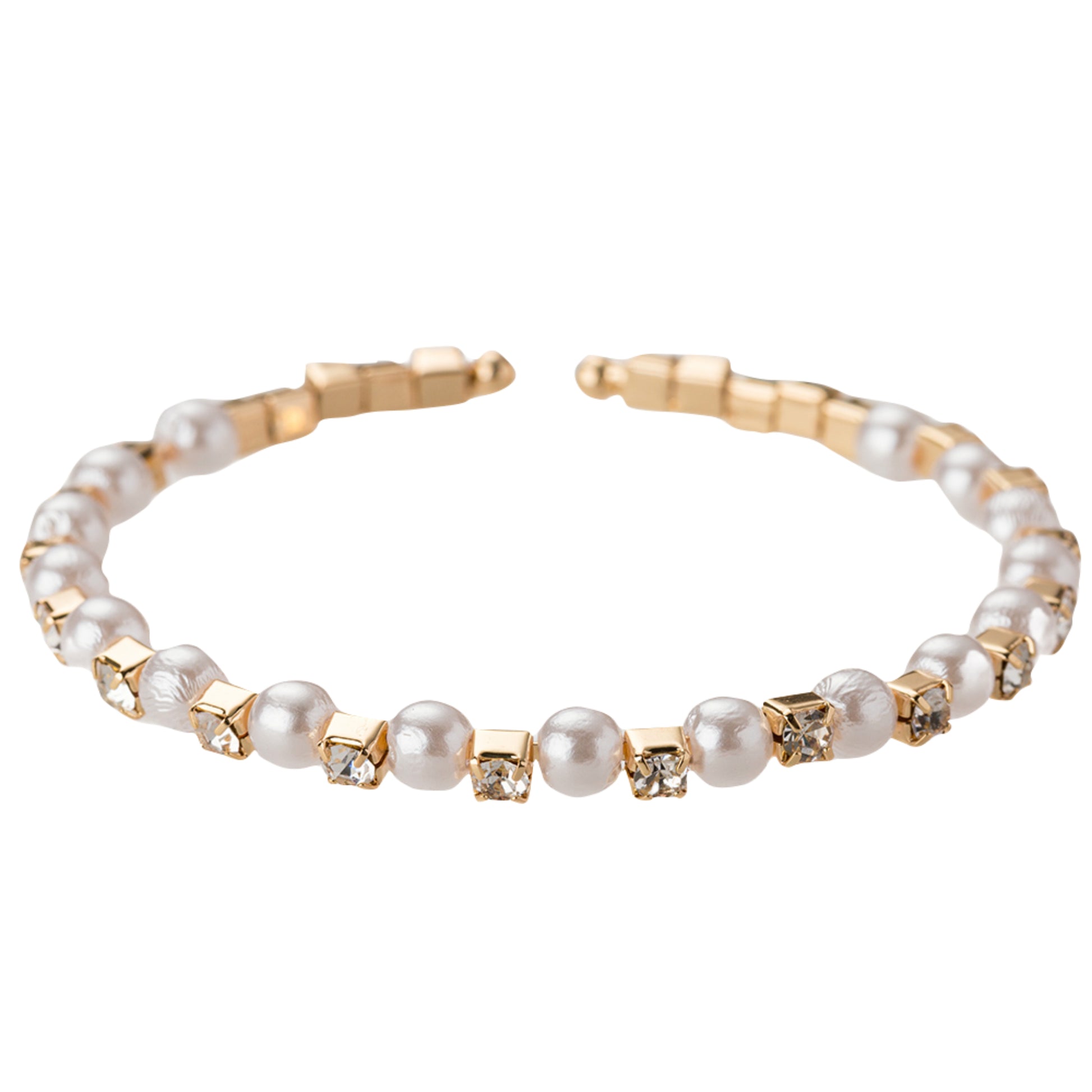 Gold, Pearl, Clear Crystal Stretch Cuff Bracelet