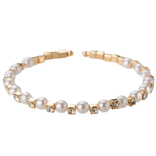 Gold, Pearl, Clear Crystal Stretch Cuff Bracelet