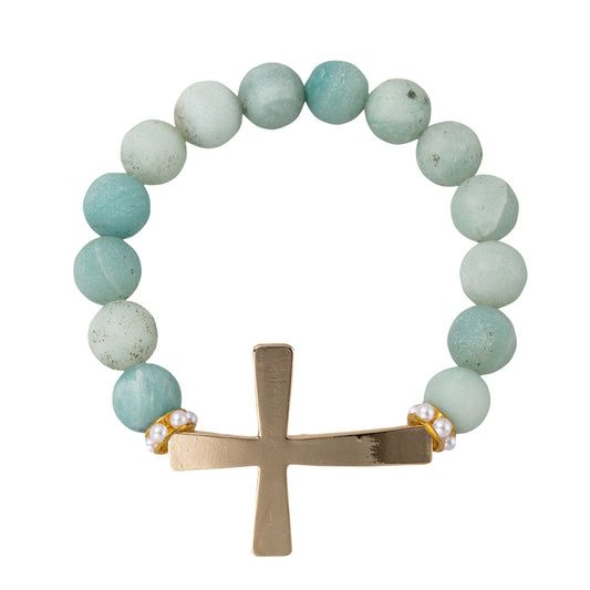 Amazonite Semi Precious Beaded Stretch Bracelet with Gold Cross