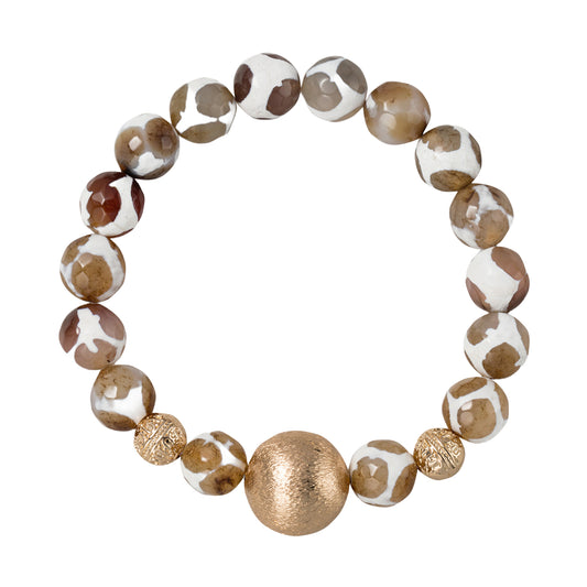 Brown Giraffe Agate Beaded Stretch Bracelet with Gold Ball