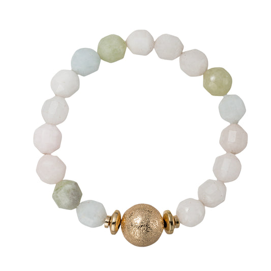 White, Green, Blue Semi Precious Beaded Stretch Bracelet with Gold Ball