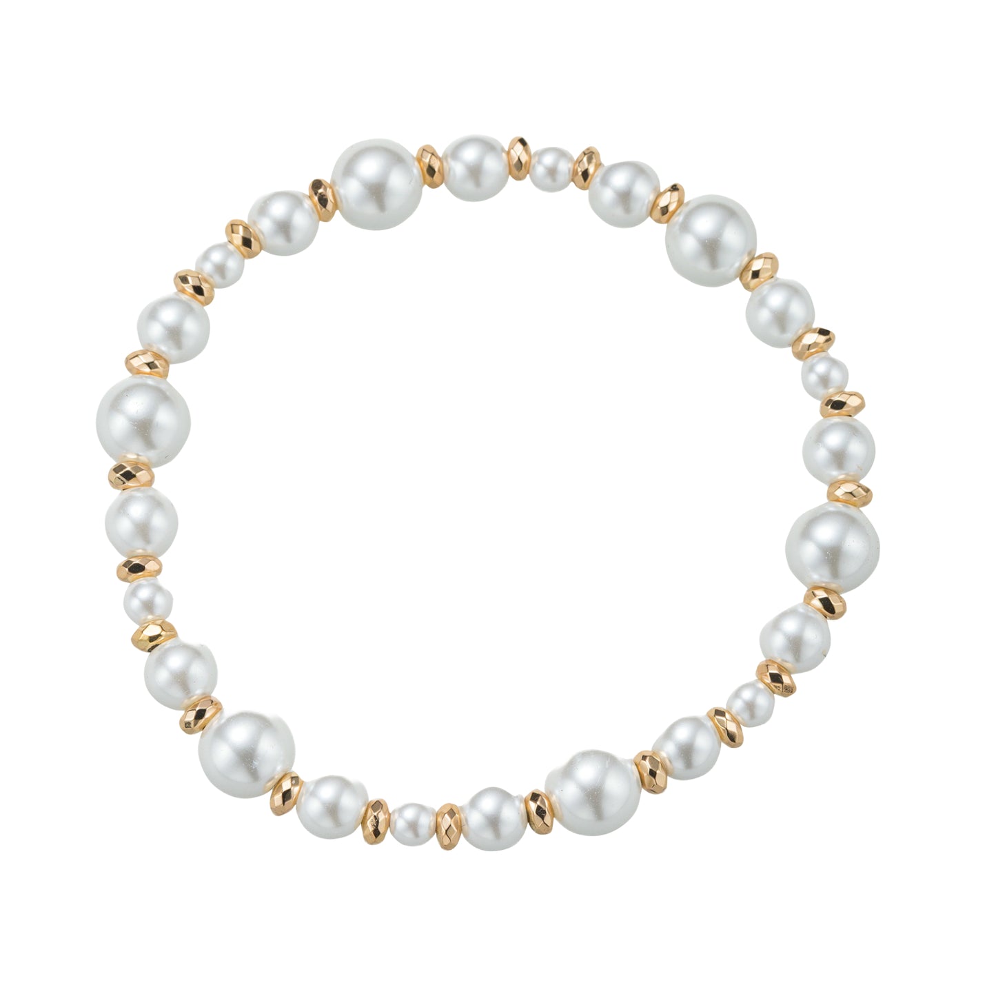 Varying Size Pearl, Gold Beaded Stretch Bracelet