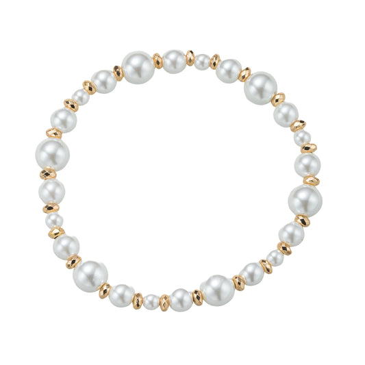 Varying Size Pearl, Gold Beaded Stretch Bracelet