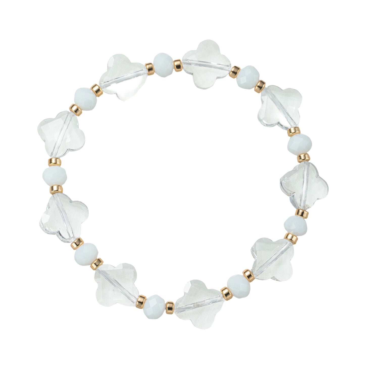 Clear, White, Gold Quatrefoil Beaded Stretch Bracelet