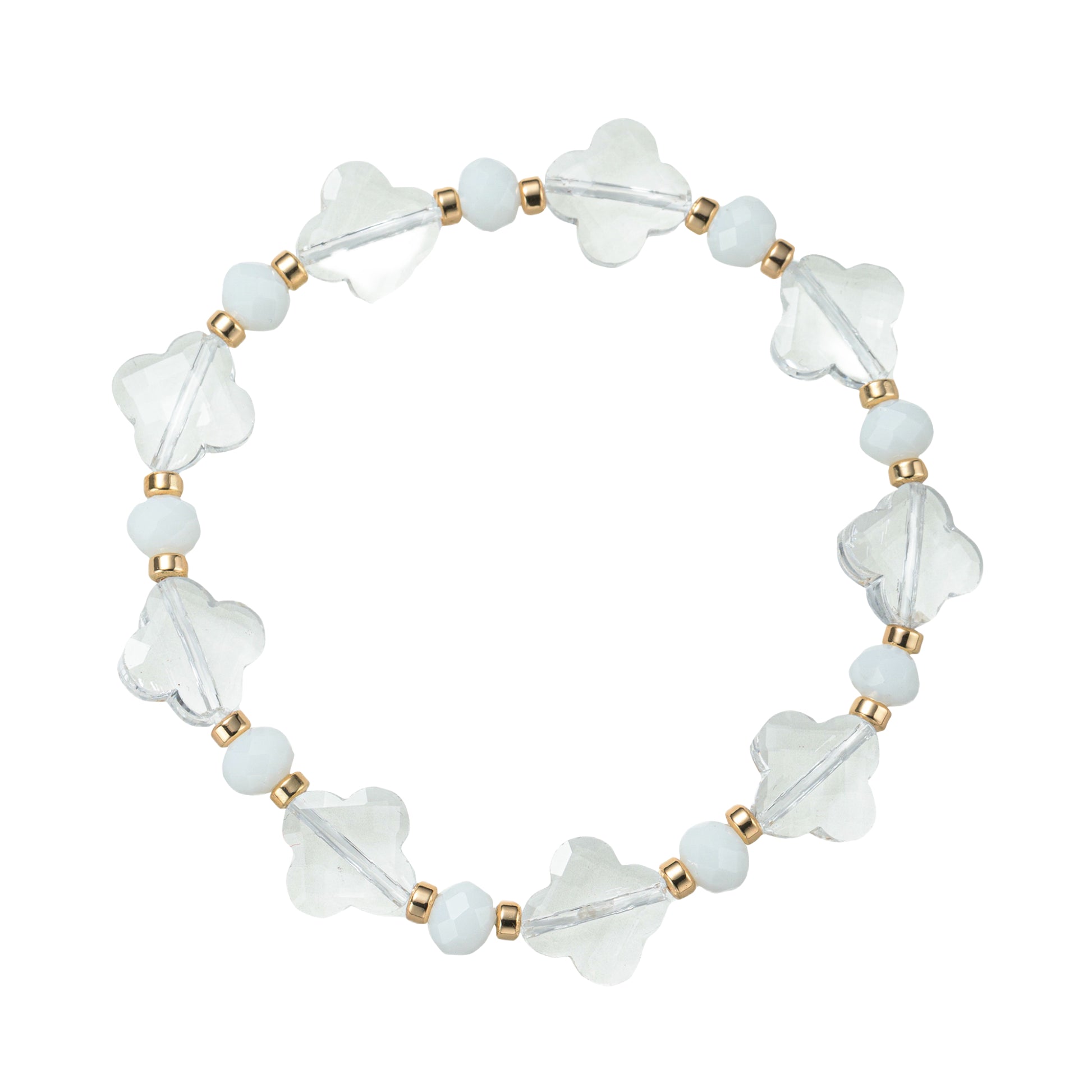 Clear, White, Gold Quatrefoil Beaded Stretch Bracelet