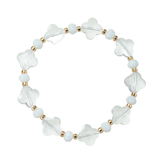 Clear, White, Gold Quatrefoil Beaded Stretch Bracelet