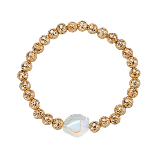 Gold, Clear Texture Beaded Stretch Bracelet with Ab Clear Stone