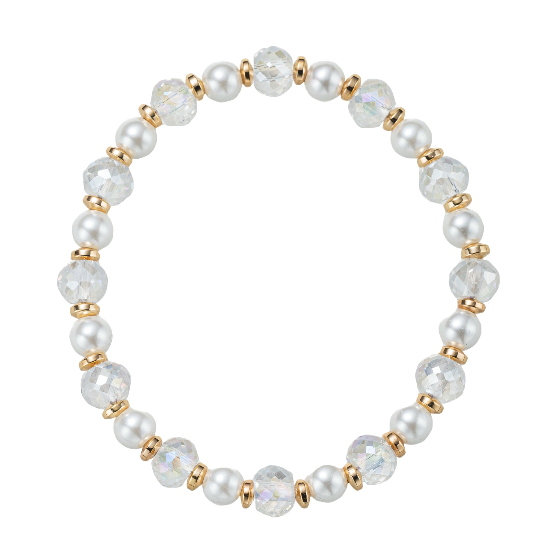 Clear, Pearl, Gold Faceted Beaded Stretch Bracelet