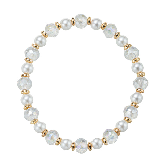 Clear, Pearl, Gold Faceted Beaded Stretch Bracelet