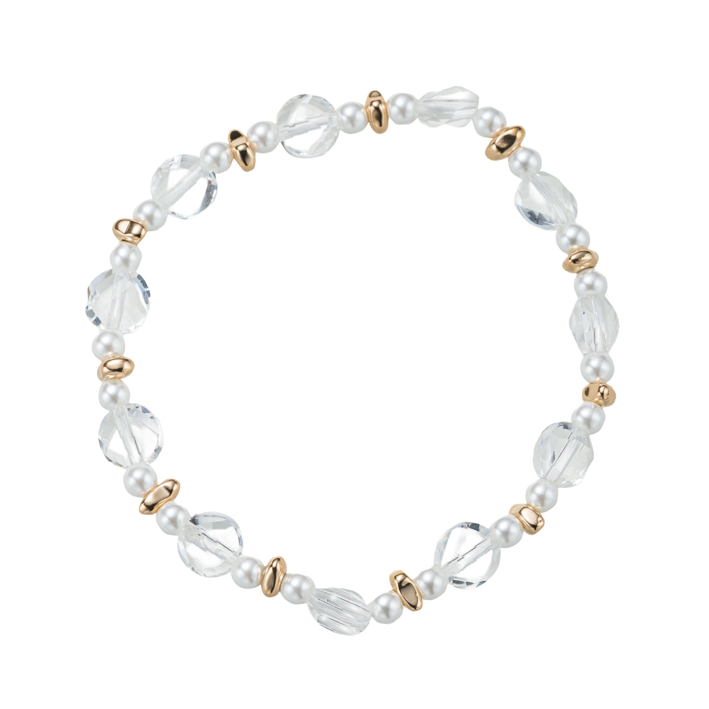 Clear, Pearl, Gold Circle Beaded Stretch Bracelet