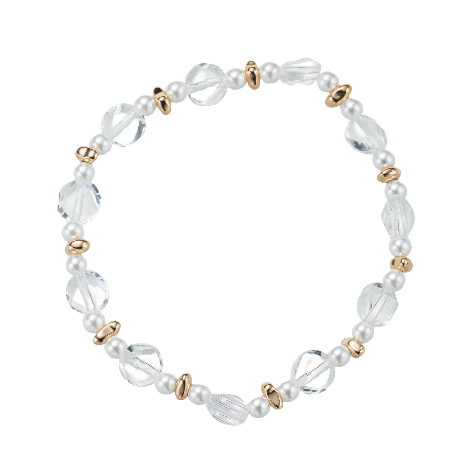Clear, Pearl, Gold Circle Beaded Stretch Bracelet