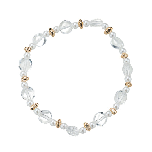 Clear, Pearl, Gold Circle Beaded Stretch Bracelet