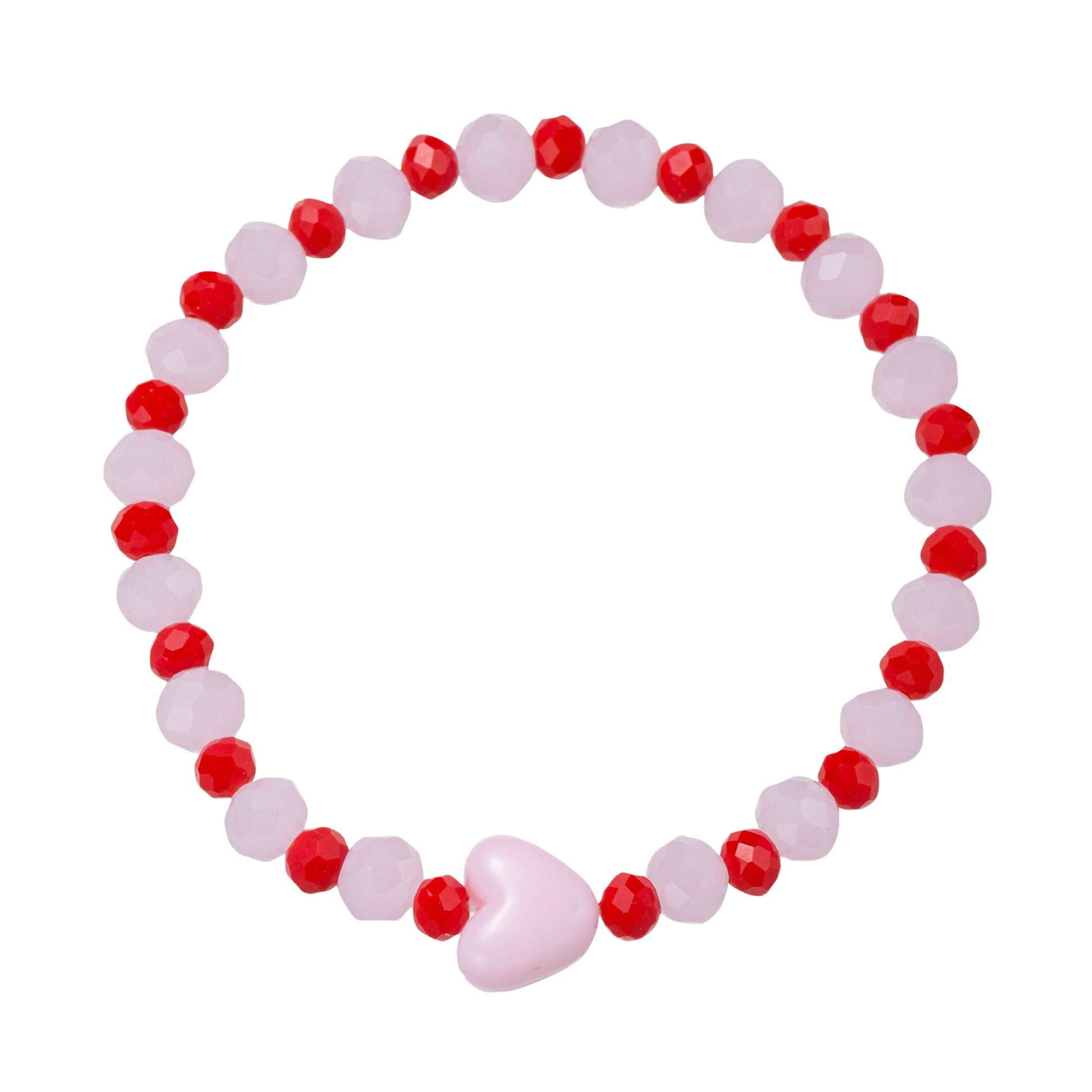 Light Pink, Red Faceted Beaded Stretch Bracelet with Pink Heart