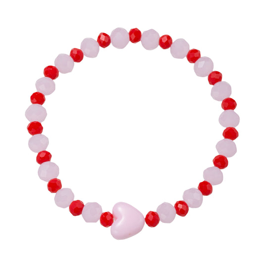 Light Pink, Red Faceted Beaded Stretch Bracelet with Pink Heart