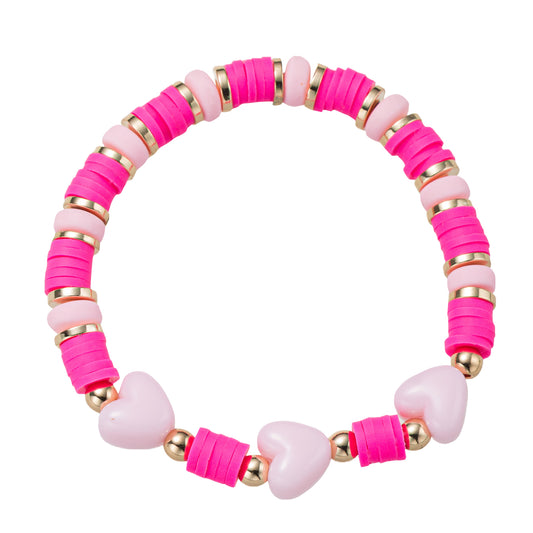 Hot Pink, Light Pink Rubber Disk Beaded Stretch Bracelet with Pink Hearts