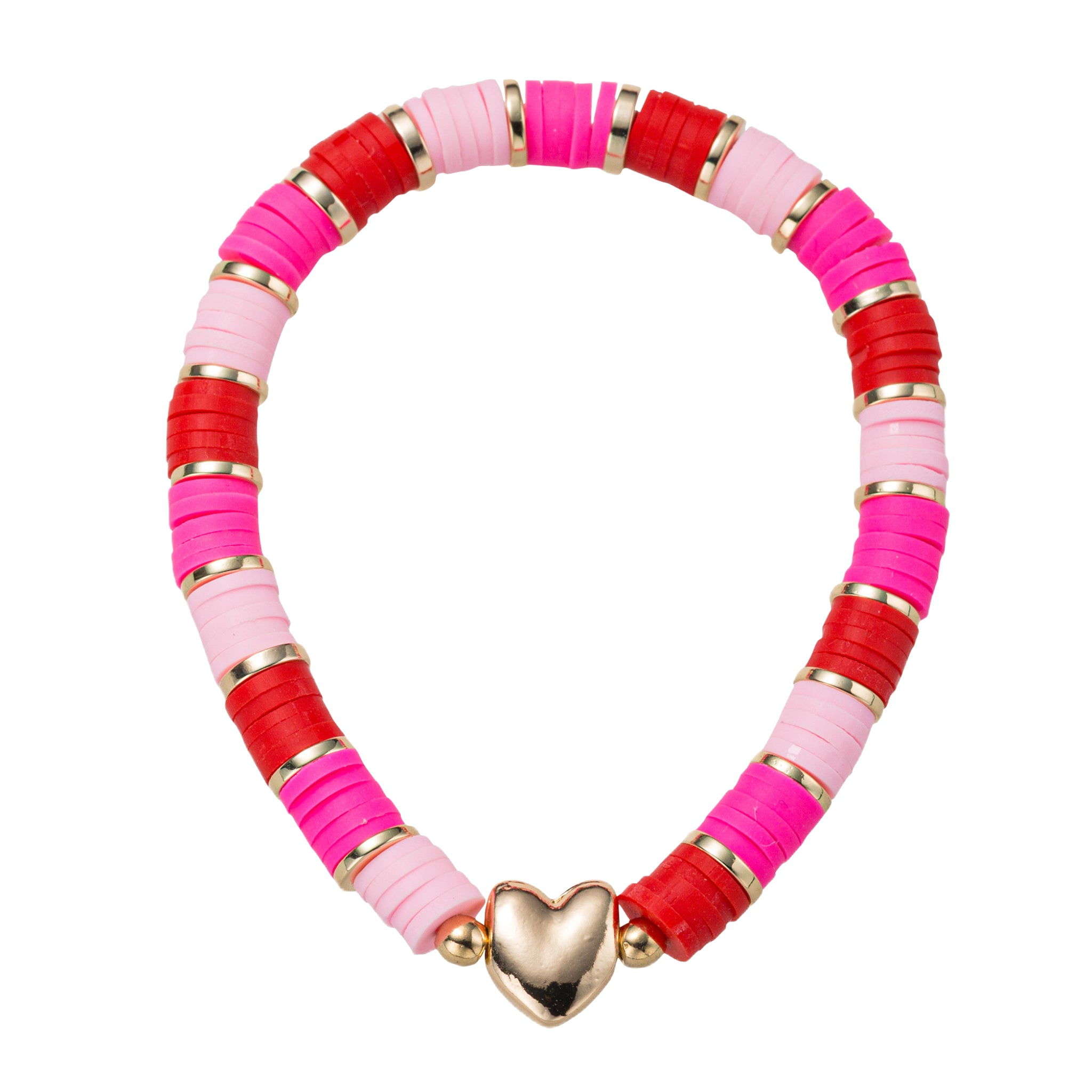 Red, Hot Pink, Light Pink Rubber Disk Beaded Stretch Bracelet with Gold Heart