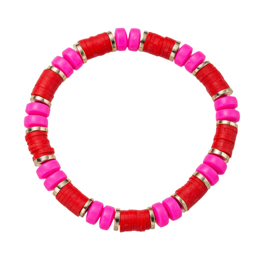Red, Hot Pink Rubber Beaded Stretch Bracelet