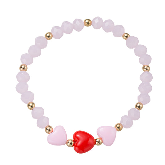Light Pink, Red Faceted Beaded Stretch Bracelet with Red, Pink Hearts