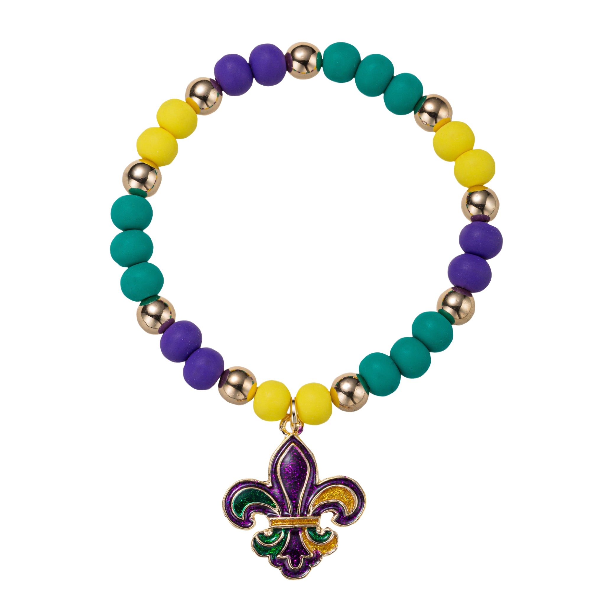 Yellow, Green, Purple, Gold Rubber Ball Beaded Stretch Bracelet with Fleur De Lis Charm