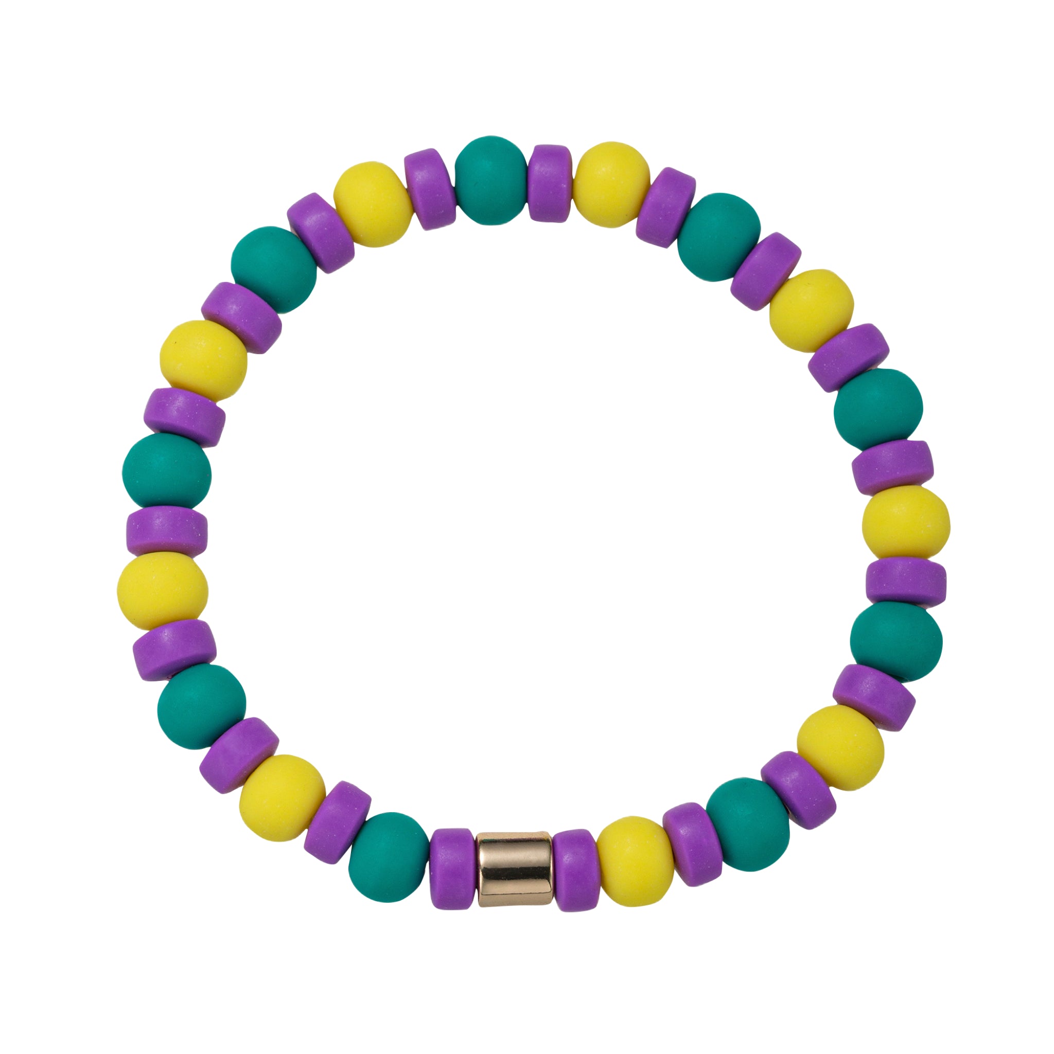 Yellow, Green, Purple, Gold Rubber Ball Beaded Stretch Bracelet with Gold Spacer