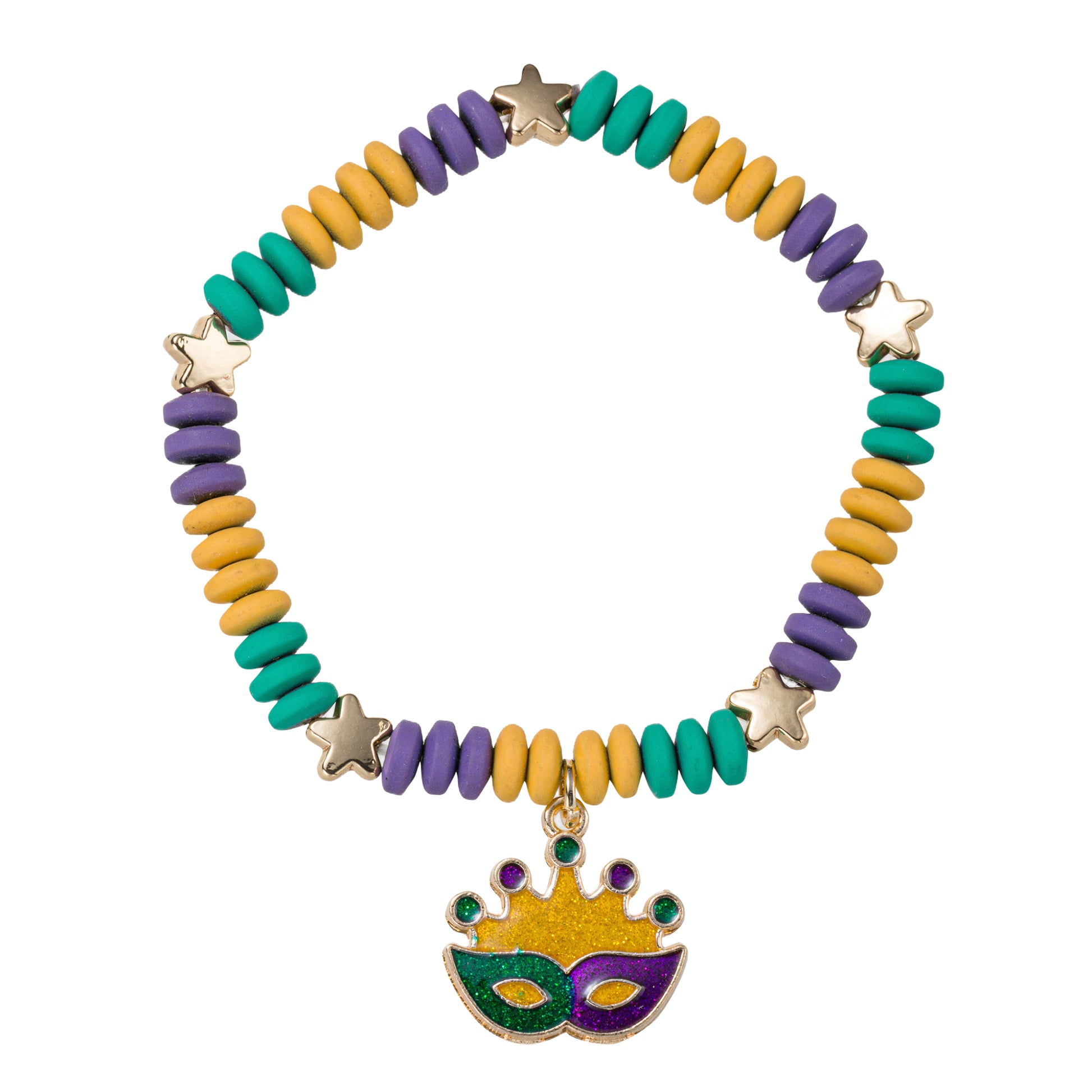 Green, Purple, Dark Gold Rubber Rondelle Beaded Stretch Bracelet with Gold Stars and Mask Charm
