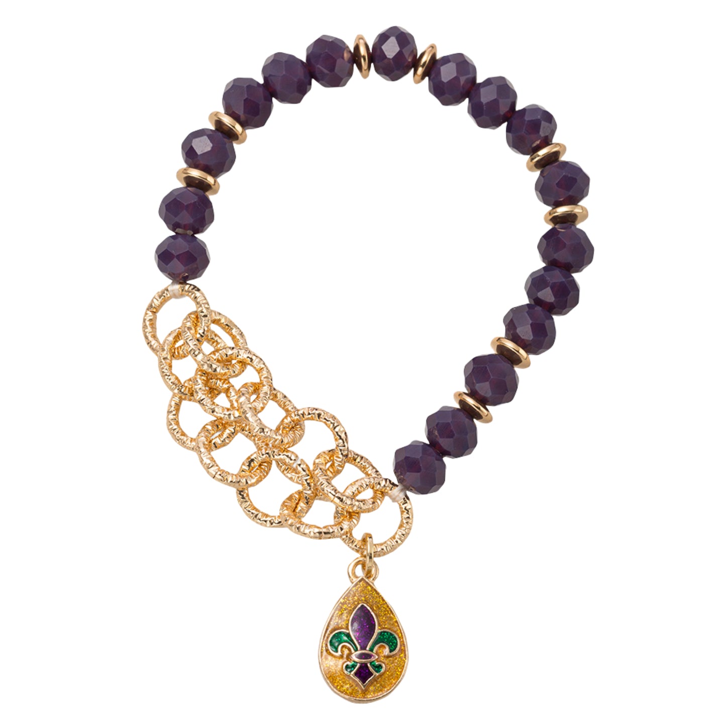Dark Purple, Gold Faceted Beaded Stretch Bracelet with Gold Circle Chain & Fleur De Lis Charm