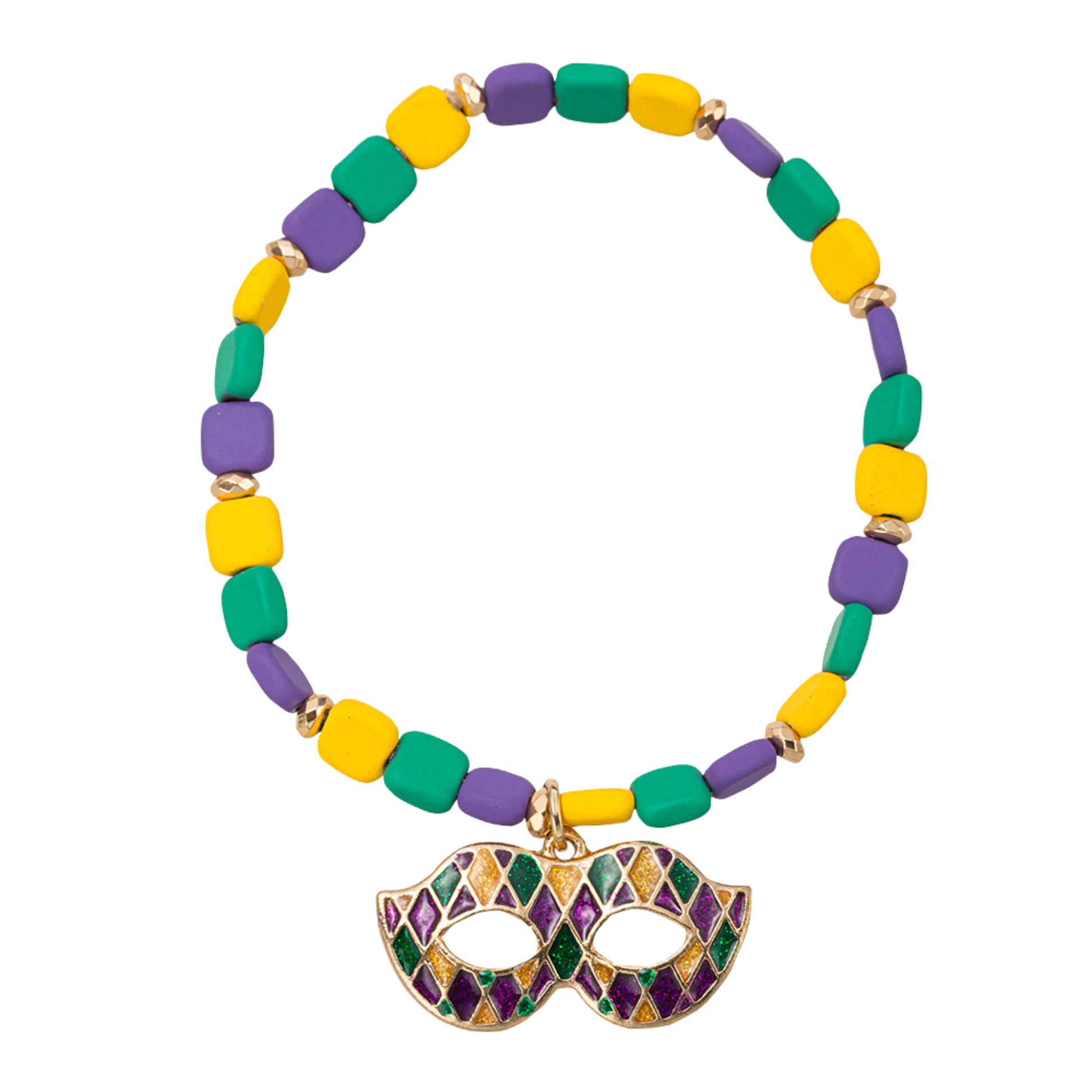 Green, Yellow, Purple Rubber Square Beaded Stretch Bracelet with Mask Charm