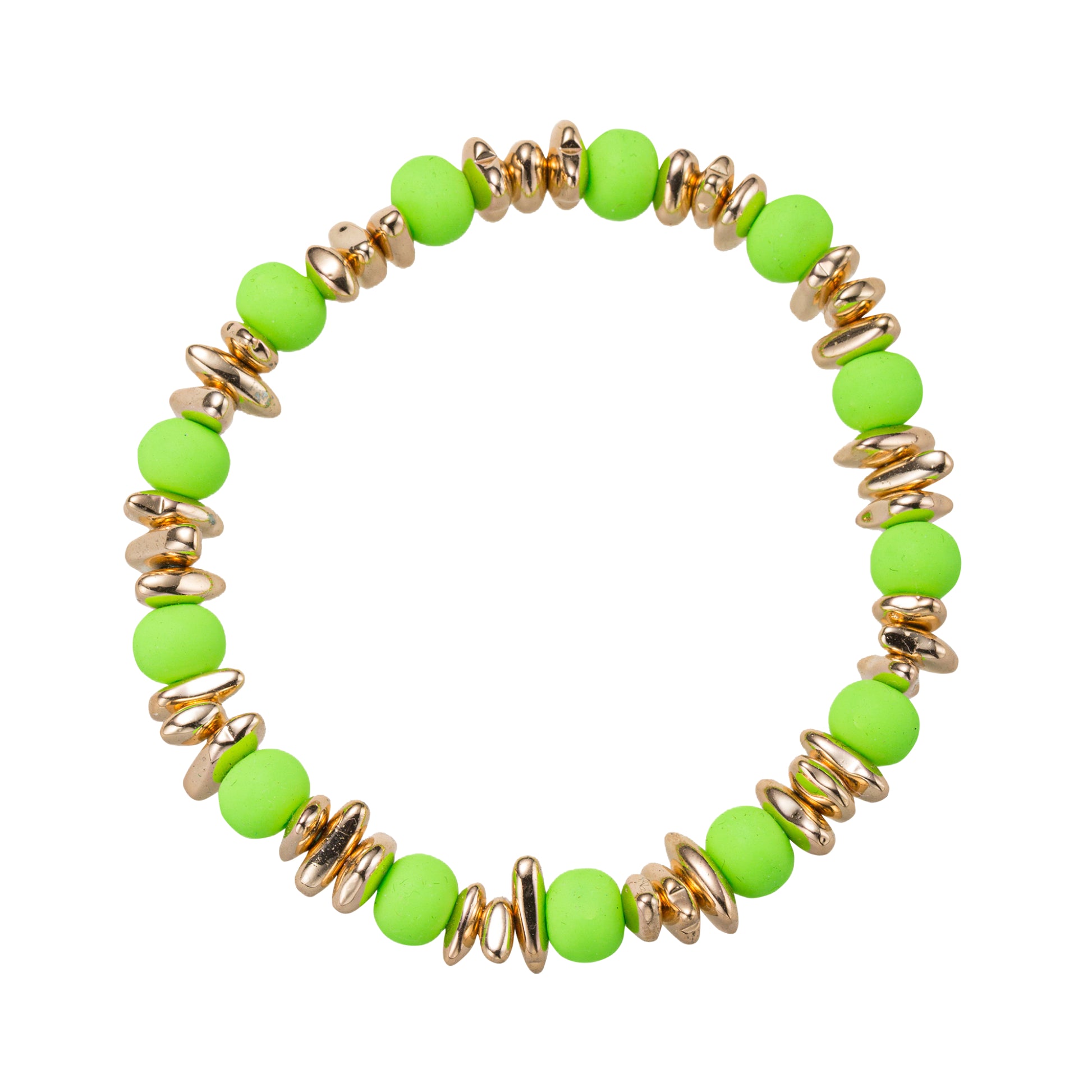 Lime, Gold Rubber Ball Beaded Stretch Bracelet with Gold Spacers